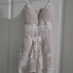 Elegant Beige and White Lace Dress